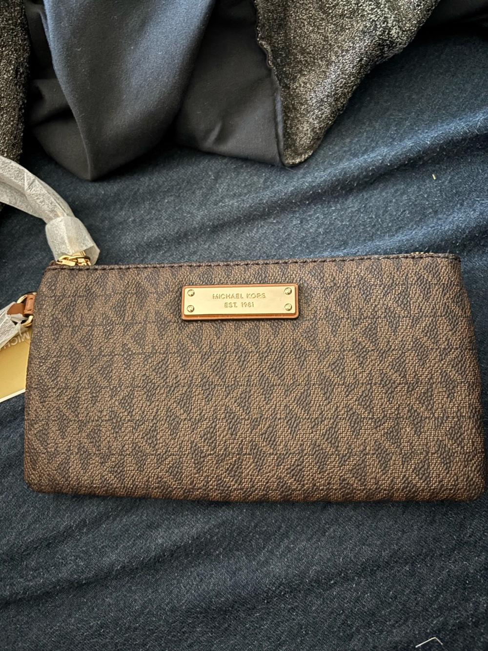 Michael Kors Brown Signature Monogram Wristlet with Gold Plate